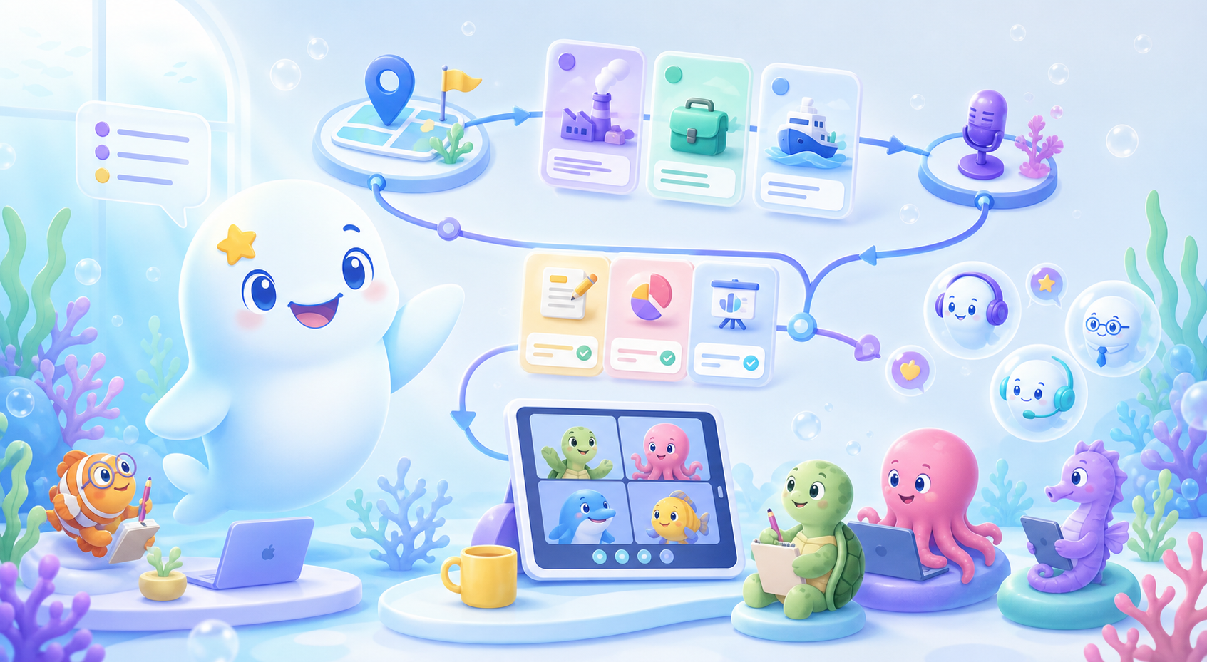 Beluga guiding a workplace English learning loop